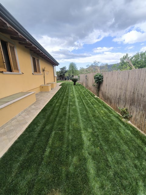 Well-manicured lawn with diagonal stripe pattern between yellow house and wooden fence on a cloudy day