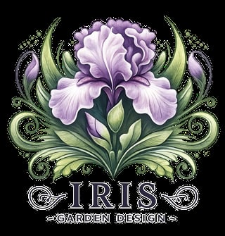 Iris Garden Design - Logo con fiore di iris viola e foglie verdi
