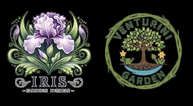 Two logos: left shows purple iris flower with green leaves labeled Iris Garden Designs, right displays circular emblem with tree and root design labeled